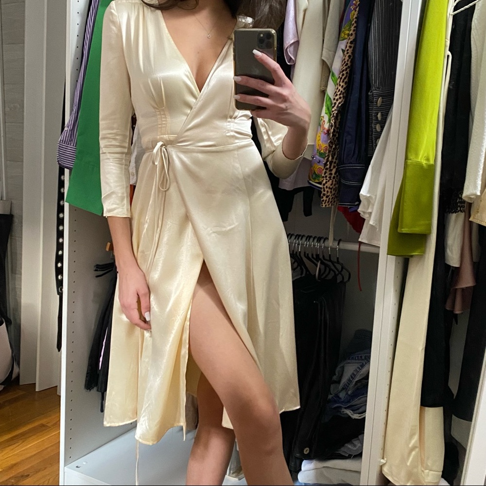Champagne satin wrap midi dress *SOLD